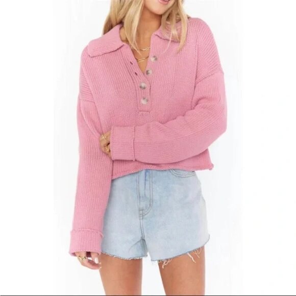 Show Me Your Mumu Crawford Collared Cropped Sweater Pink Knit Size S Cotton - Picture 10 of 10